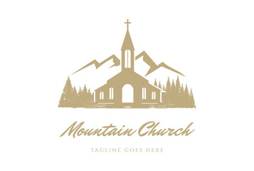 Fototapeta premium Vintage Mountain Pine Evergreen Spruce Larch Cypress Fir Trees Forest with Christian Church Chapel Logo Design