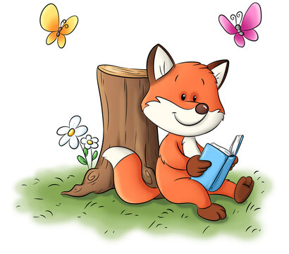 Niedlicher Fuchs, der an einem Baumstamm lehnt und ein Buch liest