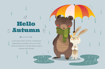 Banner Hello Autumn with animals. Bear with a bunny holding an umbrella in the rain. Friends fall autumn vector illustration