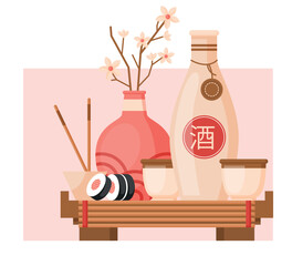 Sake, Japanese rice wine with asian food sushi on wooden board vector illustration. Ceramic jug and cups with sake. Vector illustration for restaurant and bar menu
