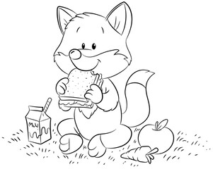 Niedlicher Fuchs sitzt auf einer Wiese und isst ein Butterbrot