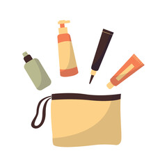 Set of different beauty cosmetic products for body, hair and skin care. Bundle of organic cosmetics and makeup items in bottles, tubes and bag. Colored flat vector illustration isolated on white