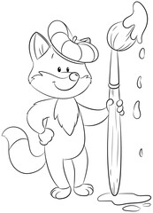 Niedlicher Fuchs mit einem großen Pinsel in der Hand