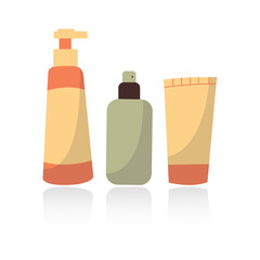 Set of different beauty cosmetic products for body, hair and skin care. Bundle of organic cosmetics and makeup items in bottles, tubes and bag. Colored flat vector illustration isolated on white