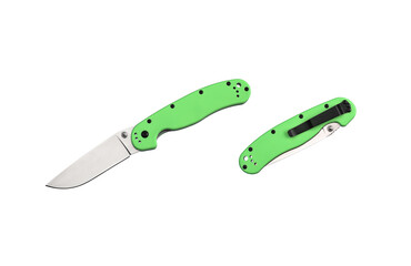 Pocket folding knife isolate on white back. Compact metal sharp knife with a folding blade.