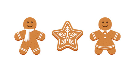 Cute ginger bread men, woman and snowflake. Christmas Gingerbread cookies. Classic Xmas biscuit. Vector illustration. Noel holiday sweet desserts isolated on white background.