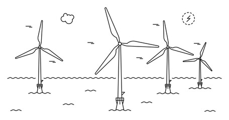 Wind turbine farm. Line art style. Green amd smart energy. - obrazy, fototapety, plakaty