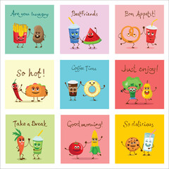 Obraz premium Cute funny food and drink characters set, best friends, funny fast food menu vector Illustrations. Flat vector illustration use for web page, card, poster, banner.