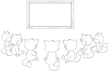 Mehrere niedliche Füchse sitzen im Halbkreis vor einer Tafel