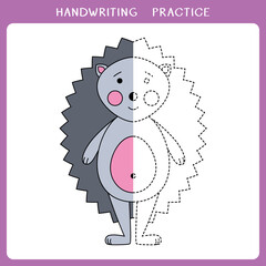 Handwriting practice sheet. Simple educational game for kids. Vector illustration of cute hedgehog for coloring book