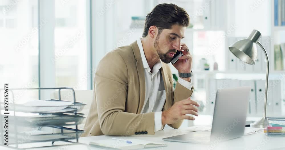 Poster businessman talking and networking on a phone call while schedule dates in a notebook and a laptop o