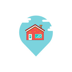 The house is red on a blue background.