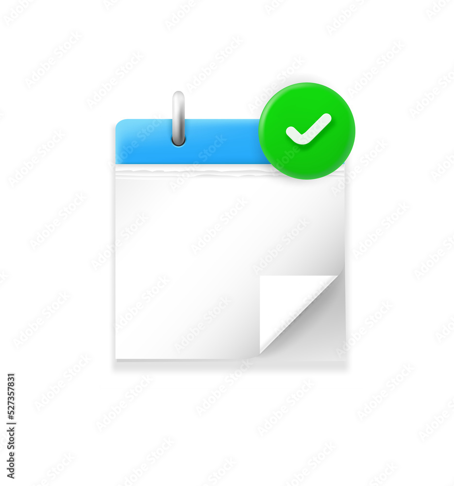 Poster blank calendar with green checkmark. 3d vector icon