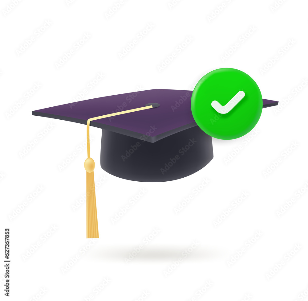 Poster graduation hat icon with checkmark. 3d vector icon
