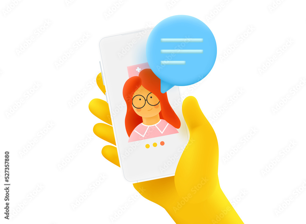 Poster internet consultation with the doctor via mobile application. 3d vector illustration