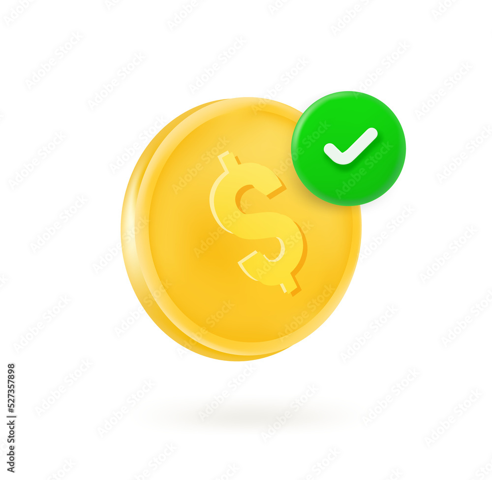 Poster Dollar coin icon with checkmark. 3d vector icon