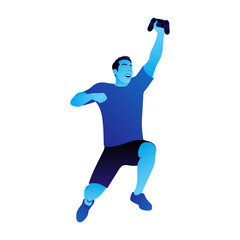 Fototapeta na wymiar Happy Male Player Jumps with Console in Hand. Vector illustration
