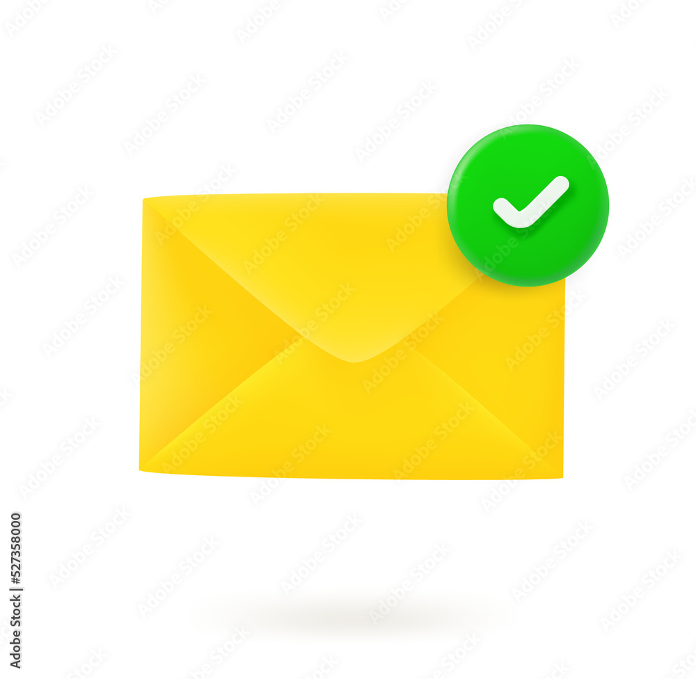 Poster Yellow envelope icon with checkmark. 3d vector icon