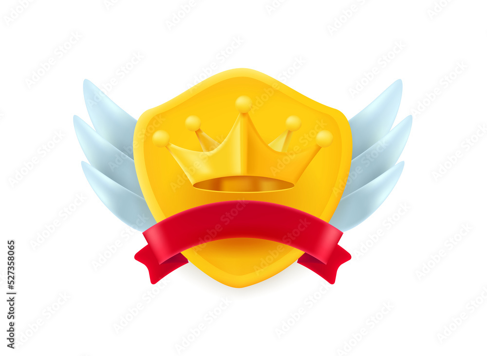 Poster Roayl rating label with golden crown on a shield with wings and ribbon isolated on transparent background. 