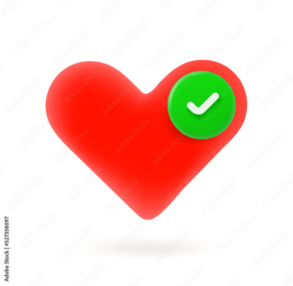 Poster red heart icon with checkmark.