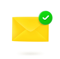 Yellow envelope icon with checkmark. 3d vector icon