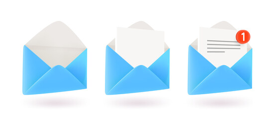 Blue paper opened envelopes set isolated on white background.