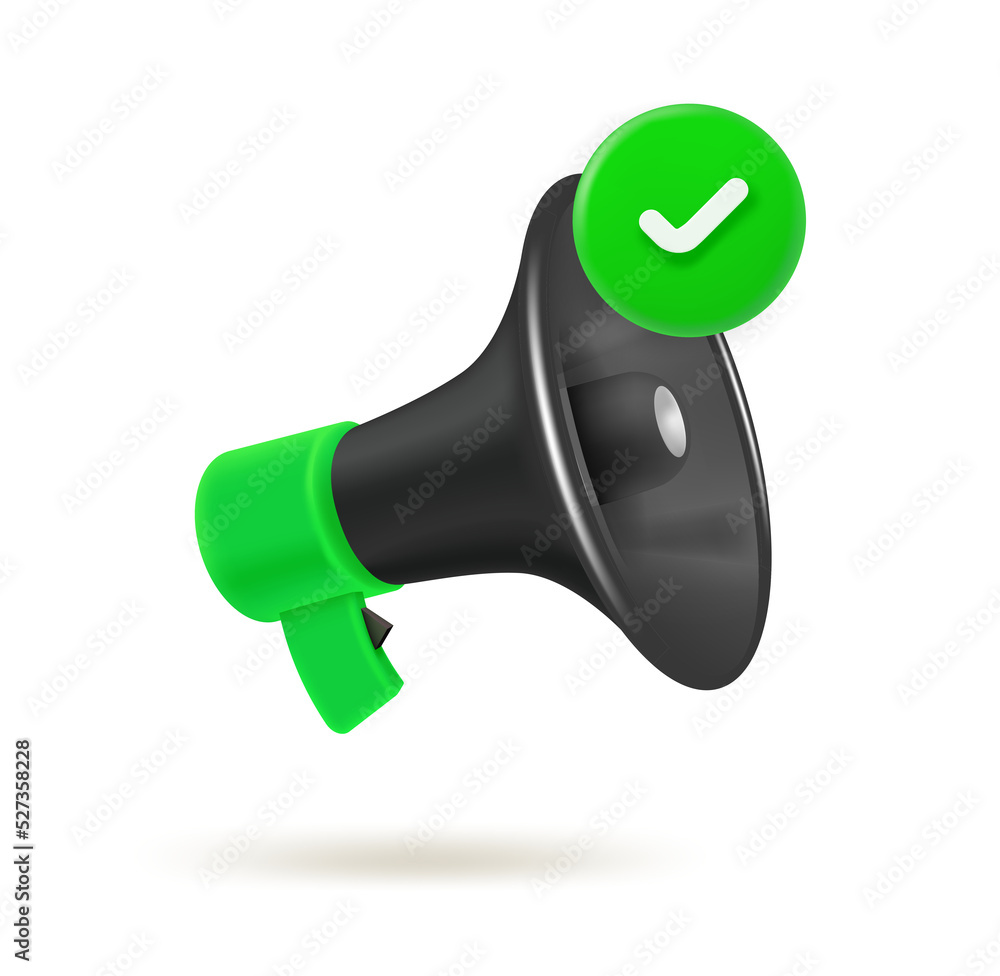 Poster loud speaker icon with checkmark. 3