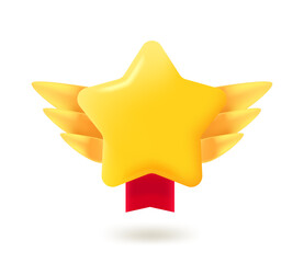 Game gold rating star label with red ribbon and wings.