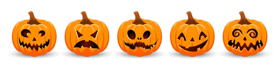 Happy Halloween banner. Pumpkins isolated. Main symbol of Happy Halloween holiday. Orange pumpkins with scary smile Halloween. Horizontal holiday poster, header for website.