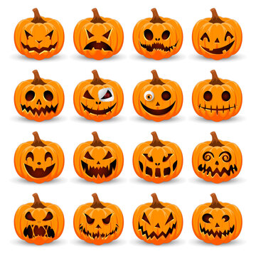Happy Halloween collection pumpkins. Pumpkins isolated. Main symbol of Happy Halloween holiday. Collection orange pumpkins with scary spooky smile Halloween.