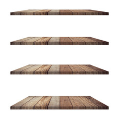 4 old wood shelves table isolated on white background and display montage for product.