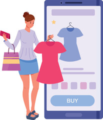 Online clothing store app. Web shopping. Customer choosing dress