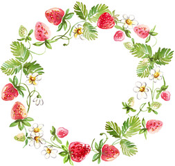 Strawberry wreath. Watercolor clipart