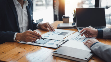 Group of business people meet to discuss and discuss new marketing plan presentation of creativity, analysis, planning of marketing strategies and office investment.