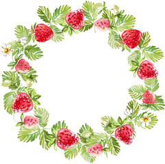 Strawberry wreath. Watercolor clipart
