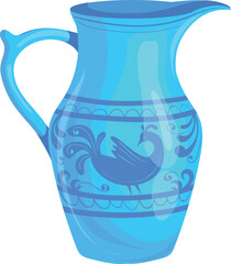 Old clay jug. Blue ceramic cartoon pitcher