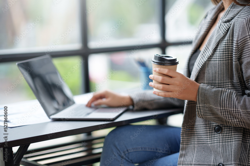 Poster close-up of a woman's hands sitting intently typing using laptop computer at the office fluently and