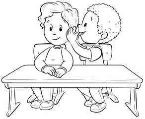 Ein Junge flüstert einem anderen Jungen während des Unterrichts etwas ins Ohr - Vektor Illustration - 527360668