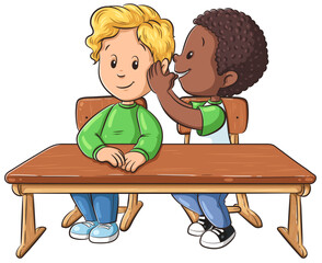 Ein Junge flüstert einem anderen Jungen während des Unterrichts etwas ins Ohr - Vektor Illustration
