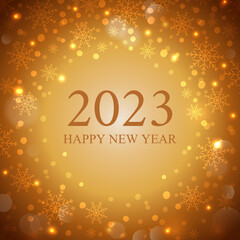 2023 Happy New Year Postcard for your design. Calligraphy inscription in a circle with snowflakes.