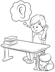 Ein Junge an einem Schultisch hört genau zu - Vektor Illustration - 527360882
