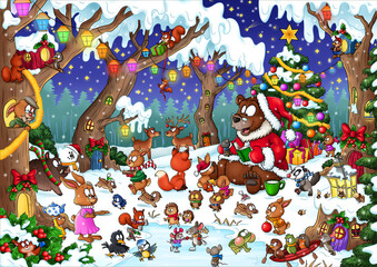 Wimmelbild - Tiere im Wald feiern gemeinsam Weihnachten - 527361253