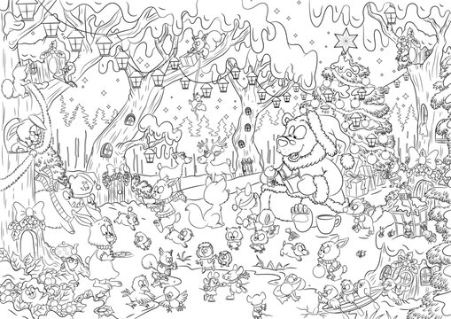Wimmelbild - Tiere im Wald feiern gemeinsam Weihnachten