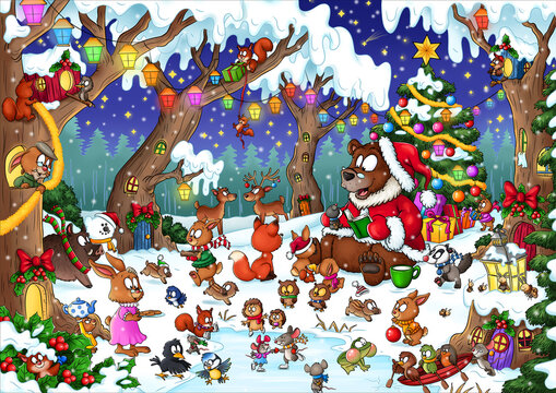 Wimmelbild - Tiere im Wald feiern gemeinsam Weihnachten