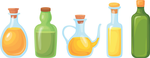 Salad dressing glass bottles. Cartoon virgin oil set