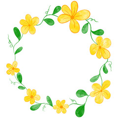 watercolor yellow flower green leaves circle frame