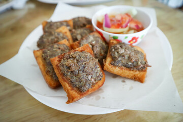 fried bread with minced pork spread or fried bread with minced beef spread