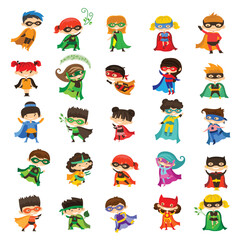 Vector illustrations in flat design of female and male kids superheroes in funny costume