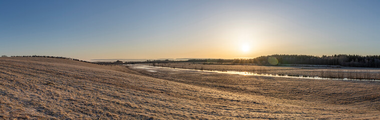 Wide Sunrise panorama over Grasslands and Lake Hornborga Nature Reserve Near Skara in North Europe, Sweden with big Spectacular Flocks of migrating Crane Birds dancing and Jumping.