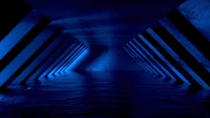 Futuristic Sci Fi Neon Tunnel With Blue Neon Light. Glowing Colorful Light Coming Through The Corridor. 3D render